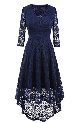 NALATI Women Vintage Solid Color 3/4 Sleeve Deep V Neck High Waist High-Low Hip Lace Party Cocktail Dress (XL, Navy Blue)