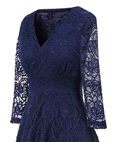 NALATI Women Vintage Solid Color 3/4 Sleeve Deep V Neck High Waist High-Low Hip Lace Party Cocktail Dress (XL, Navy Blue)