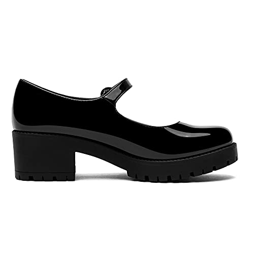 Odetina Mary Jane Lolita - Zapatos de mujer con plataforma gruesa y correa de hebilla y puntera redonda, Negro , 38 EU Schmal