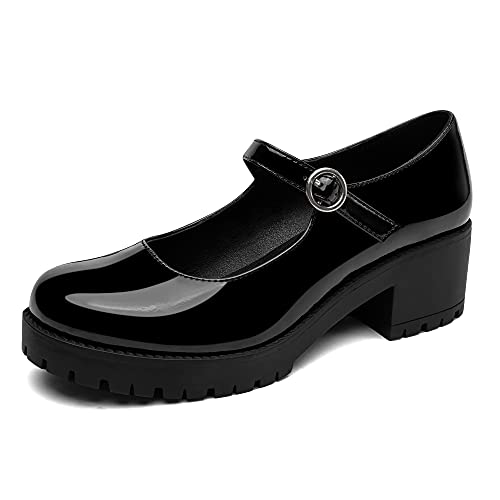 Odetina Mary Jane Lolita - Zapatos de mujer con plataforma gruesa y correa de hebilla y puntera redonda, Negro , 38 EU Schmal