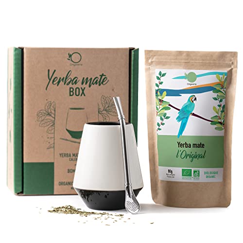 ORIGEENS KIT MATE con Calabaza Mate, Bombilla para mate y Yerba Mate Ecológico Vaso mate de Diseño en Ceramica | Cajita regalo original