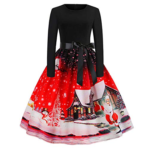 Overdose Vestido Elegante De La Vendimia De Las Mujeres De La ImpresióN Elegante del CordóN del Arco-Nudo De Manga Larga Navidad Lindo del Partido De Noche Una LíNea De Swing