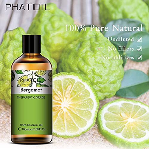 PHATOIL Aceites Esenciale de Bergamota 100 ml, 100% Naturales Puros, Aceite Esencial de Aromaterapia de Grado Terapéutico, Aceite Esenciales para Humidificador, Difusor, Regalos Perfectos
