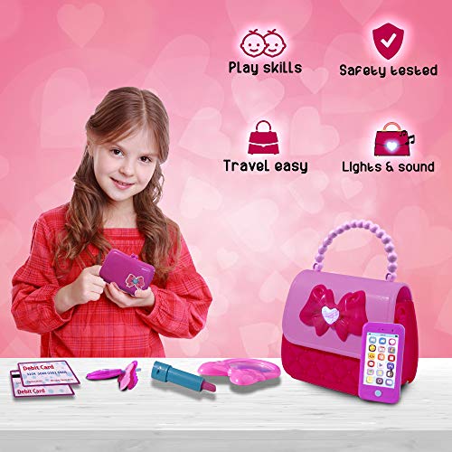 Playkidiz Mi Primera Princesa Moneder Set - 8 Piezas Kids Pretend Play Juguete Conjunto con Accesorios para niñas Frescas, Incluye teléfono y Bolsa con Luces y Sonido.