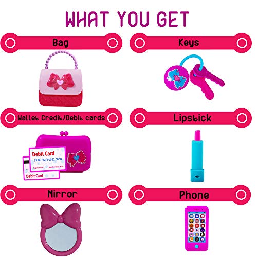 Playkidiz Mi Primera Princesa Moneder Set - 8 Piezas Kids Pretend Play Juguete Conjunto con Accesorios para niñas Frescas, Incluye teléfono y Bolsa con Luces y Sonido.