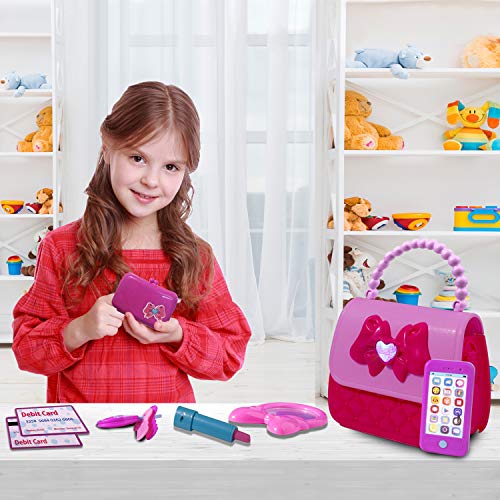 Playkidiz Mi Primera Princesa Moneder Set - 8 Piezas Kids Pretend Play Juguete Conjunto con Accesorios para niñas Frescas, Incluye teléfono y Bolsa con Luces y Sonido.