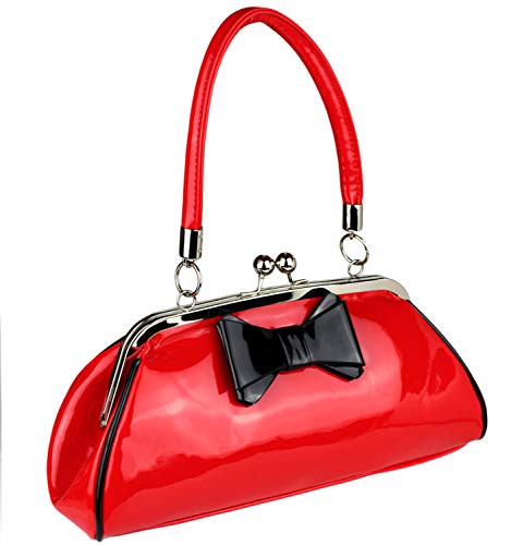 Schompi Bolso De Mano Vintage Para Mujer, Lazo Decorativo, Charol, Negro Rojo, Color:Rojo
