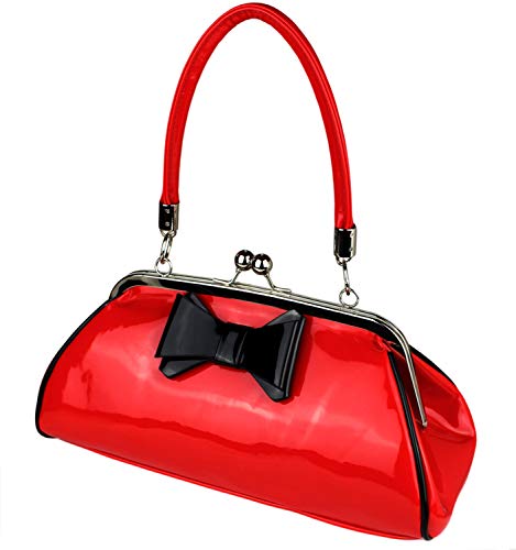 Schompi Bolso De Mano Vintage Para Mujer, Lazo Decorativo, Charol, Negro Rojo, Color:Rojo
