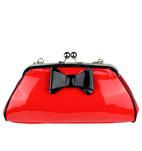Schompi Bolso De Mano Vintage Para Mujer, Lazo Decorativo, Charol, Negro Rojo, Color:Rojo