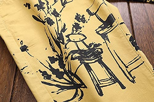 ShFhhwrl Jeans Mens Jeans Print Yellow Jeans Fashion Casual Streetwear Skinny Jeans Men 36 S04