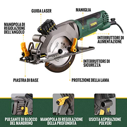 Sierra Circular, TECCPO 580W Mini Sierra Circular, Velocidad 3500RPM, Con Luz Láser, Motor de Cobre Puro, 115mm Diámetro de Hoja de Sierra, Cortar Madera, Ángulo Ajustable a 45 °- TAMS24P