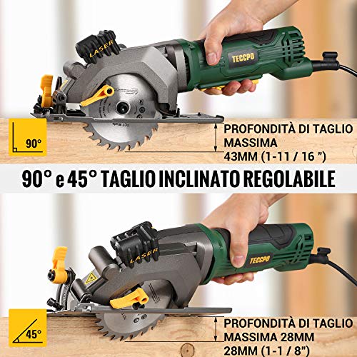 Sierra Circular, TECCPO 580W Mini Sierra Circular, Velocidad 3500RPM, Con Luz Láser, Motor de Cobre Puro, 115mm Diámetro de Hoja de Sierra, Cortar Madera, Ángulo Ajustable a 45 °- TAMS24P
