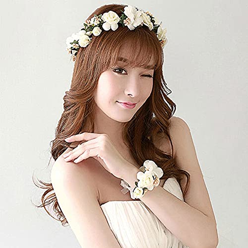 Snowtain Corona de flores,Vendas de la corona de la flor,Flores Corona Flores Diadema,Novia Dama Flor Diadema,Ajustable de Floral Hairband, para mujeres y niñas para la fiesta del festival Boda