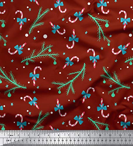 Soimoi Rojo Rayo de crepé Tela Hojas de Abeto y Palo de Caramelo Navidad Tela Estampada de Costura de Tela 46 Pulgadas de Ancho