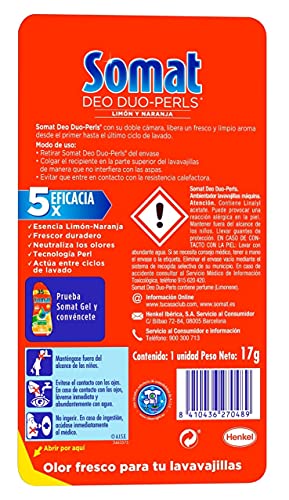 Somat Deo Duo Pearls Ambientador para Lavavajillas, Esencia Limón y Naranja - 60 lavados
