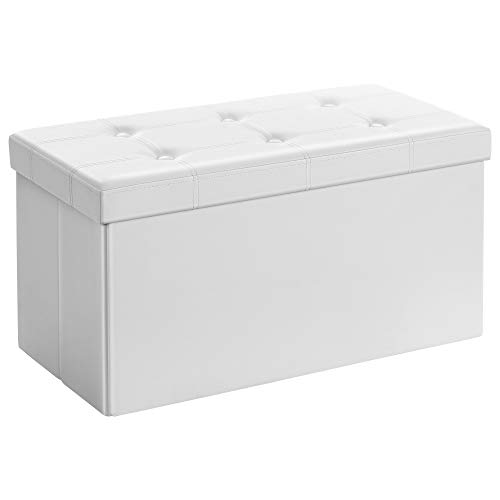 SONGMICS Puff Almancenaje, Banco Almacenaje, Capacidad de 80 litros, Máx. Capacidad de Carga de 300 kg Tapizado Polipiel, para Sala de Estar, Dormitorio, Entrada, Blanco LSF106