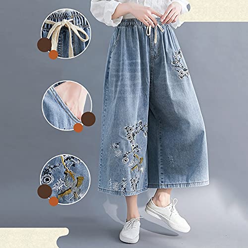 SSMDYLYM Mujeres Jeans Moda Vintage Estilo Chino Bordado Floral Casual Pierna de Pierna Ancha Pantalones de Mezclilla (Color : Blue, Size : XXX-Large)