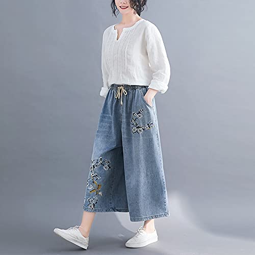 SSMDYLYM Mujeres Jeans Moda Vintage Estilo Chino Bordado Floral Casual Pierna de Pierna Ancha Pantalones de Mezclilla (Color : Blue, Size : XXX-Large)