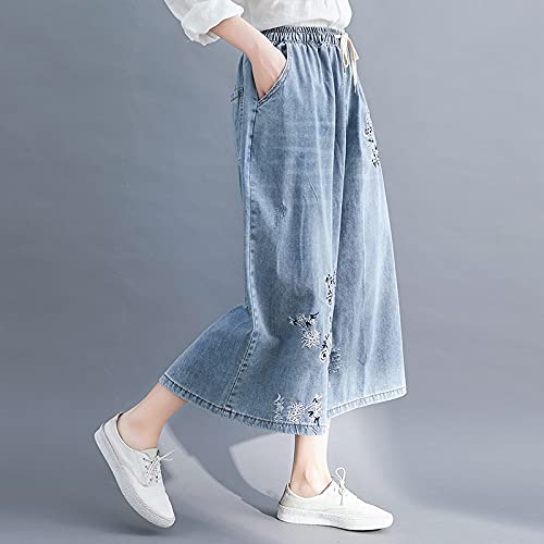 SSMDYLYM Mujeres Jeans Moda Vintage Estilo Chino Bordado Floral Casual Pierna de Pierna Ancha Pantalones de Mezclilla (Color : Blue, Size : XXX-Large)