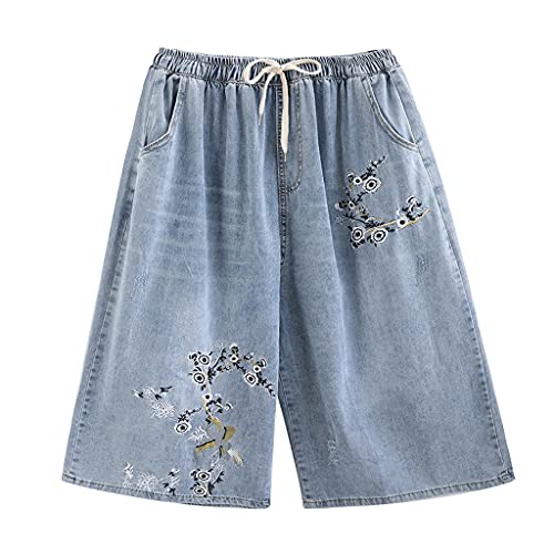 SSMDYLYM Mujeres Jeans Moda Vintage Estilo Chino Bordado Floral Casual Pierna de Pierna Ancha Pantalones de Mezclilla (Color : Blue, Size : XXX-Large)
