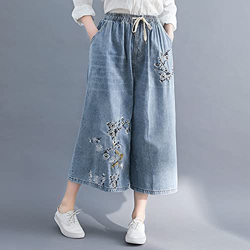 SSMDYLYM Mujeres Jeans Moda Vintage Estilo Chino Bordado Floral Casual Pierna de Pierna Ancha Pantalones de Mezclilla (Color : Blue, Size : XXX-Large)