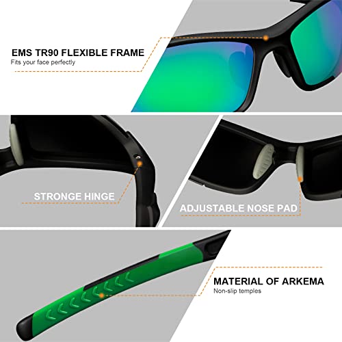 SUUKAA Gafas de sol deportivas para hombre y mujer polarizadas antirrayos UV400 protección para bicicleta de montaña, carreras, MTB, pesca, conducción, moto, running, Montura verde lente verde