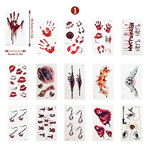 Tatuaje Cara Temporales Halloween,tatuaje de arañazos con corte de sangre para Halloween,Face Tattoo Skull Stickers,mascarada, fiesta de cosplay(15pcs)