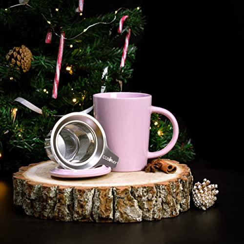Taza con Filtro para Infusiones y Te - De Ceramica - Rosa - XL 400ml Grande - Con Tapa y Asa
