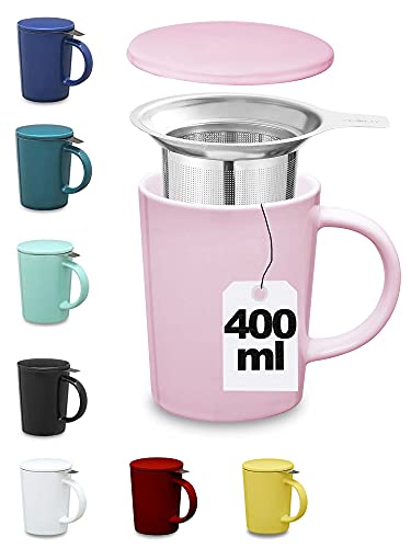 Taza con Filtro para Infusiones y Te - De Ceramica - Rosa - XL 400ml Grande - Con Tapa y Asa