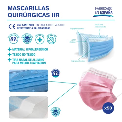 TECNOL HEALTH Mascarillas Quirúrgicas Infantiles Rosas - Fabricadas en España - 50 unidades - Tipo IIR - BFE > 99% - 3 Capas y Sin Grafeno - Pack de Mascarillas Quirúrgicas Niños - Colores