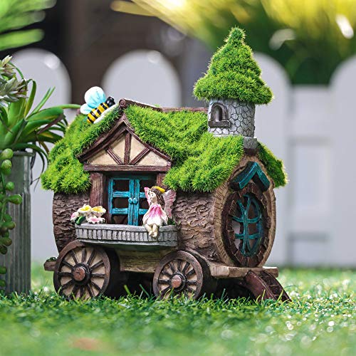 TERESA'S COLLECTIONS 21cm Adornos de Jardín Casa de Hadas Luz Solar LED, Decoracion de Jardin Hogar de Resina de Casa del Arbol Habitante con Verde Musgo, Carro y Hada