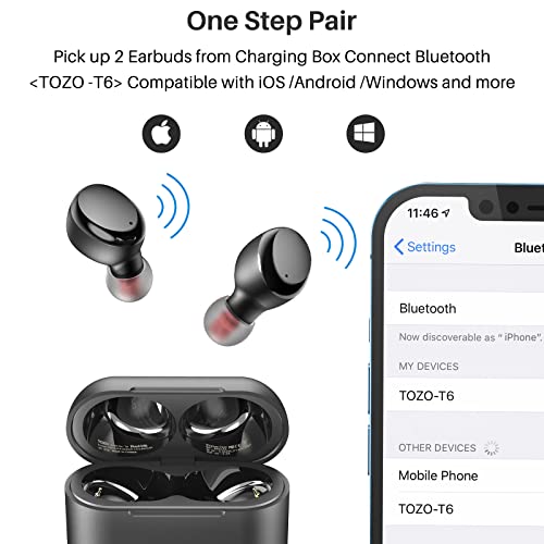 TOZO T6 Auriculares Bluetooth 5.0 Auriculares Inalámbricos Control Táctil con Estuche de Carga y micrófono Integrado, Sonido Premium con Graves Profundos para Correr y Hacer Deporte Negro