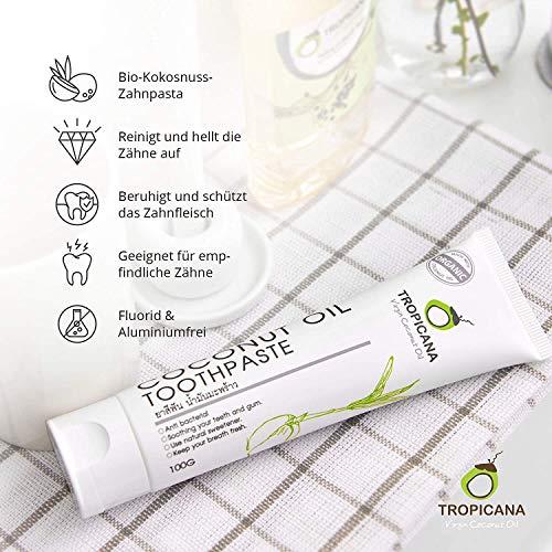 Tropicana Oil Pasta de Dientes Natural con Aceite de Coco Orgánico 100g - Pasta Dental libre de Flúor y Antibacteriana - Pasta Blanqueadora Dientes Cosméticos 100% Naturales - Aptos para Niños