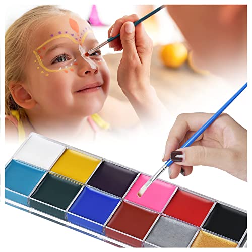 URAQT Pintura Corporal y Facial, 12 Colores Seguridad No Tóxica Pintura de Cara, Kit de Pintura Facial con 30 Plantillas 2 Pinceles, Pintura de Maquillaje para Niños Halloween Fiestas Cosplay