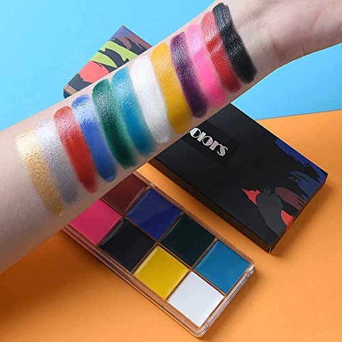 URAQT Pintura Corporal y Facial, 12 Colores Seguridad No Tóxica Pintura de Cara, Kit de Pintura Facial con 30 Plantillas 2 Pinceles, Pintura de Maquillaje para Niños Halloween Fiestas Cosplay
