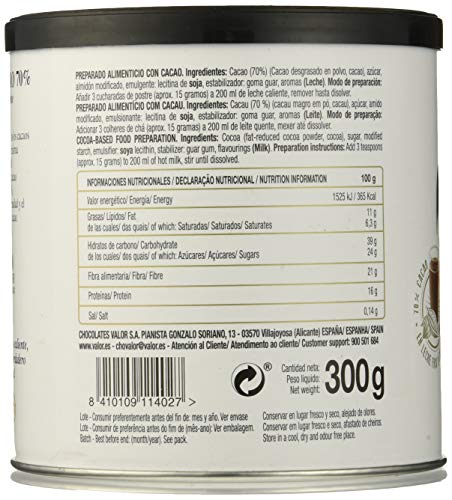 Valor Cacao Soluble Negro 70%, 6 de 300 g (Total 1800 g)