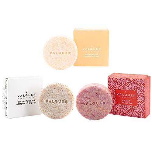 Válquer Pack Cosméticos Sólidos, Champú Sólido Sin Sulfatos Familiar + Limpiador Facial Sólido en 1 + Gel Corporal Sólido Regaliz y Argan, Vegano 150 G, 3 Unidades