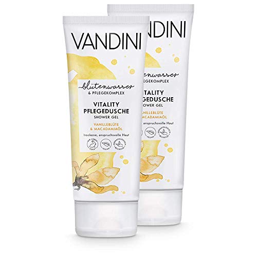 VANDINI gel de ducha Vitality Care con flor de vainilla y aceite de macadamia - gel de baño para pieles normales a secas - Jabón vegano sin siliconas ni parabenos 2x 200 ml