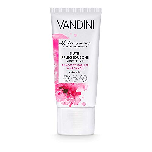 VANDINI Nutri Care gel de ducha con flor de peonía y aceite de argán - gel de baño para pieles secas - Jabón liquido vegano sin siliconas ni parabenos 1x 30 ml