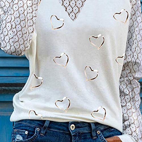 VEMOW Blusas y Camisas de Manga Larga para Mujer con Cuello en V, 2021 Moda Mujer Camiseta de Manga Larga Elegante Corazón Impreso Blusas Primavera Otoño Básico Camisa Jersey Tops(C Blanco,M)