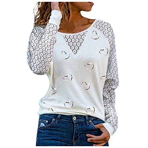 VEMOW Blusas y Camisas de Manga Larga para Mujer con Cuello en V, 2021 Moda Mujer Camiseta de Manga Larga Elegante Corazón Impreso Blusas Primavera Otoño Básico Camisa Jersey Tops(C Blanco,M)