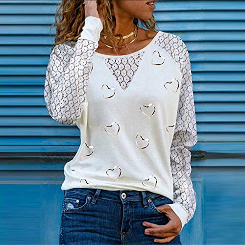 VEMOW Blusas y Camisas de Manga Larga para Mujer con Cuello en V, 2021 Moda Mujer Camiseta de Manga Larga Elegante Corazón Impreso Blusas Primavera Otoño Básico Camisa Jersey Tops(C Blanco,M)