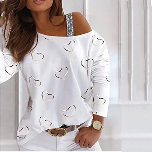VEMOW Blusas y Camisas de Manga Larga/Corta para Mujer Sin Tirantes, 2021 Impresión de Rayas/Corazón Casual Fiesta T-Shirt Primavera Otoño Básico Camisa Jersey Tops(A01 Blanco,XL)
