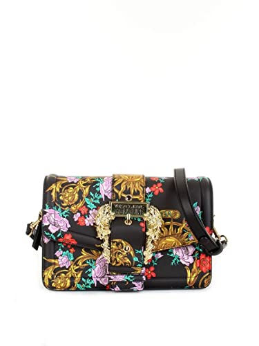 Versace JEANS COUTURE. Bolso bandolera Couture I de cuero negro con impresión Regalia Baroque y Sun Flower Garland 72VA4BF1