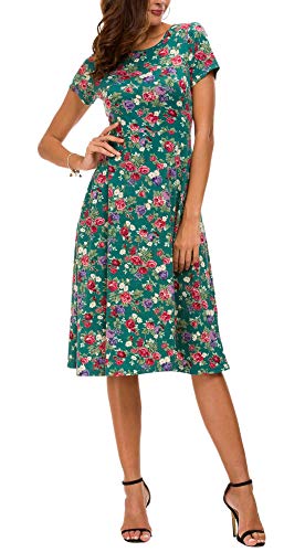 Vestido Estampado Floral de Mujer Cintura Alta Vestido a Media Pierna Manga Corta (S, 1)