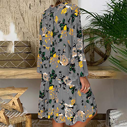 Vestidos Mujer Verano 2019 Nuevo SHOBDW Cuello en V Llamarada Manga Larga Elegant Vestidos Playa Boho Floral Mini Vestidos Vintage Fiesta Vestidos Mujer Cortos Talla Grande(Gris,5XL)