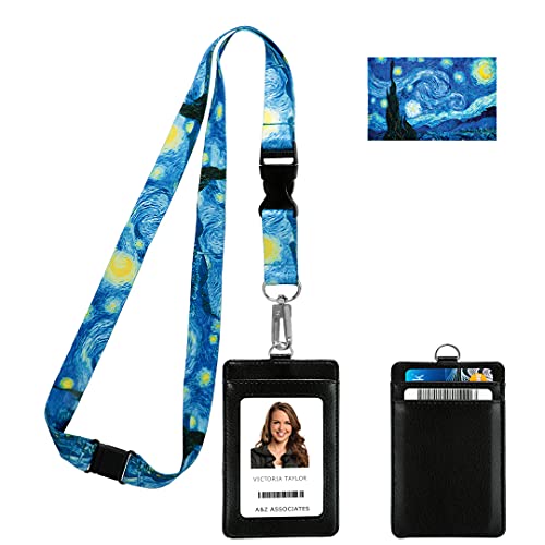 Vincent Van Gogh The Starry Night Print Lanyard with PU Leather ID - Cartera de piel sintética con 3 ranuras para tarjetas de seguridad, clip y tarjetas de crédito para Cruise o Work