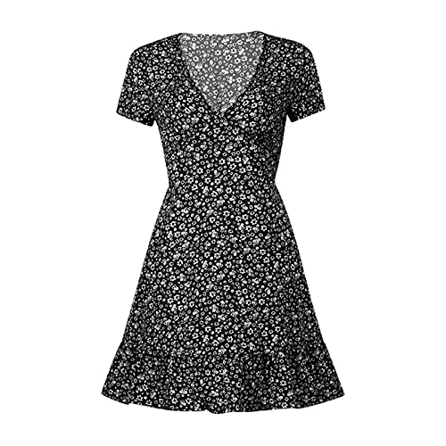 YANFANG Vestido Verano Playa Mujer De con Estampado Flores PequeñAs Cuello En V Y Hojas Falbala para Mujer,Moda 2021,Vestido Sexy Verde,Negro,L