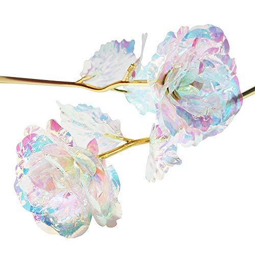 Youngine Colorido Rosa Flores Artificiales Hoja de Oro Rosa de 24 Quilates Regalos de Full Blossom para el Día de la Madre | Dia de San Valentin | Cumpleaños | Boda, con Caja y Base