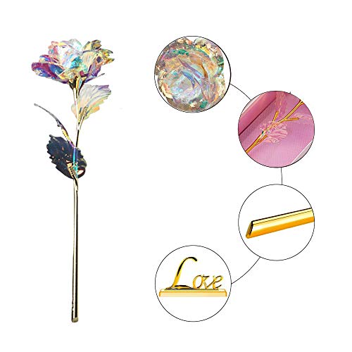 Youngine Colorido Rosa Flores Artificiales Hoja de Oro Rosa de 24 Quilates Regalos de Full Blossom para el Día de la Madre | Dia de San Valentin | Cumpleaños | Boda, con Caja y Base